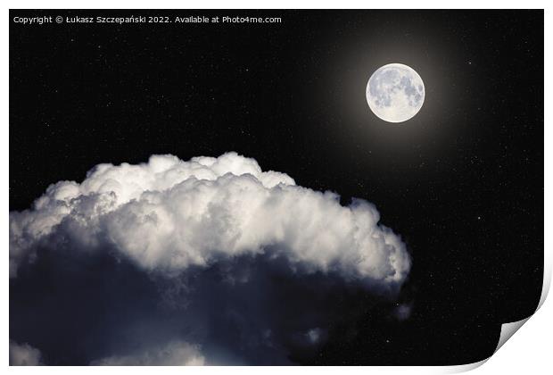 Fantasy night landscape, glowing full moon Print by Łukasz Szczepański
