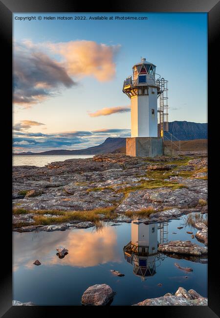 Sunset at Rhue Lighthouse  Framed Print by Helen Hotson