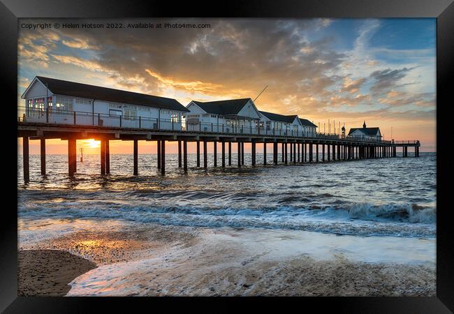 Sunrise over the pier at Southwold, Framed Print by Helen Hotson