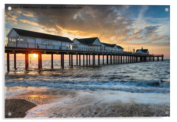 Sunrise over the pier at Southwold, Acrylic by Helen Hotson