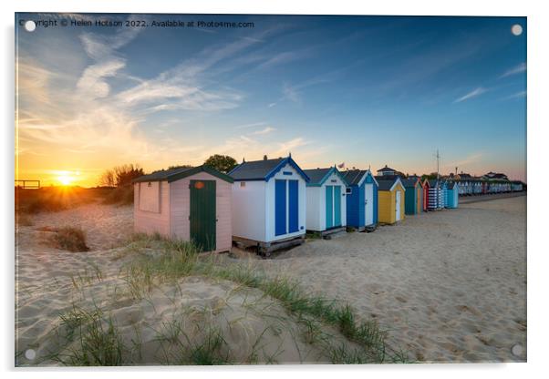 Sunset over a row of beach huts at Southwold  Acrylic by Helen Hotson