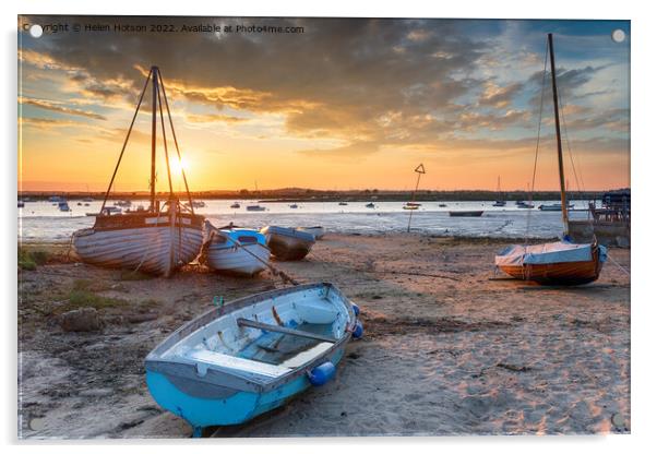 Beautiful sunset over boats on the beach at West Mersea, Acrylic by Helen Hotson