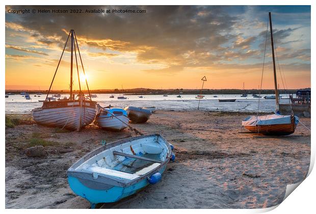 Beautiful sunset over boats on the beach at West Mersea, Print by Helen Hotson