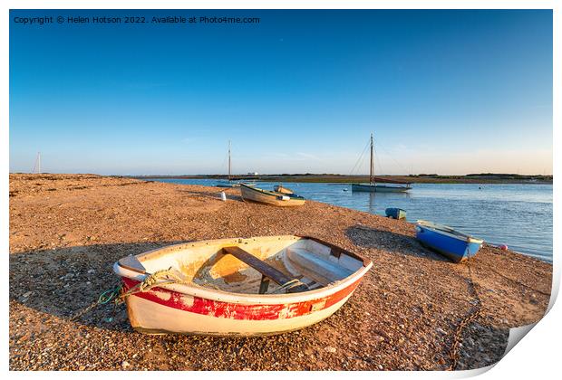 Boats on the beach at West Mersea Print by Helen Hotson