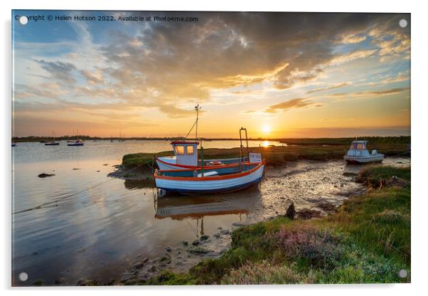 Beautiful sunset over fishing boats on the River Alde Acrylic by Helen Hotson