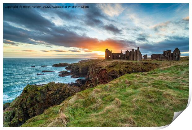 Dramatic sunset over the ruins Slains Castle Print by Helen Hotson