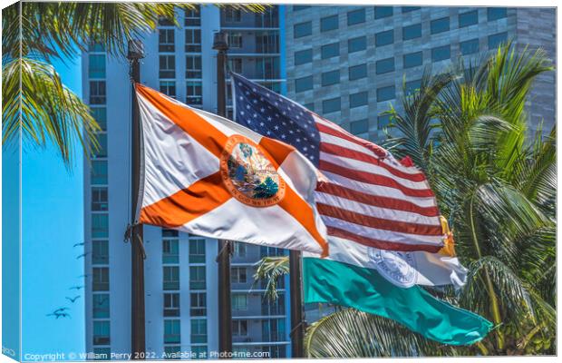 Florida US Flags Plam Trees Buildings Miami Florida Canvas Print by William Perry