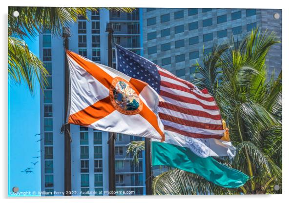 Florida US Flags Plam Trees Buildings Miami Florida Acrylic by William Perry