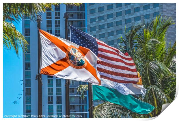 Florida US Flags Plam Trees Buildings Miami Florida Print by William Perry