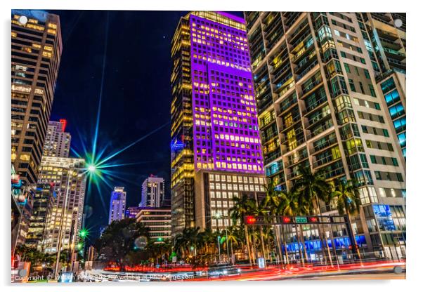 Colorful Downtown Miami night Florida Acrylic by William Perry
