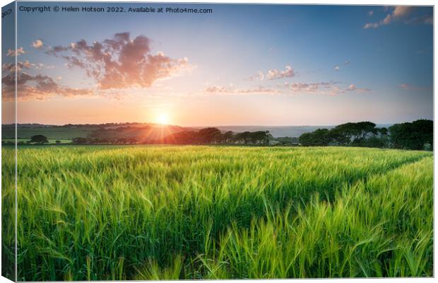 Beautiful Sunset over Fields of Barley Canvas Print by Helen Hotson