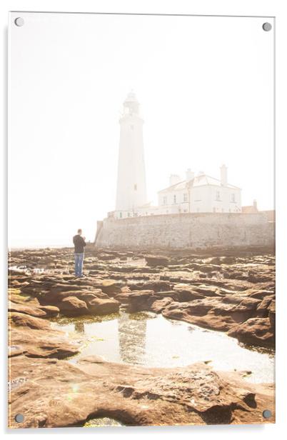 Illuminated Morning: St Marys Lighthouse in Fog Acrylic by Holly Burgess