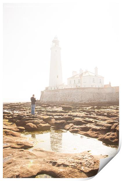 Illuminated Morning: St Marys Lighthouse in Fog Print by Holly Burgess
