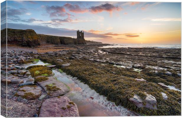Sunrise at Keiss Castle in Caithness Canvas Print by Helen Hotson