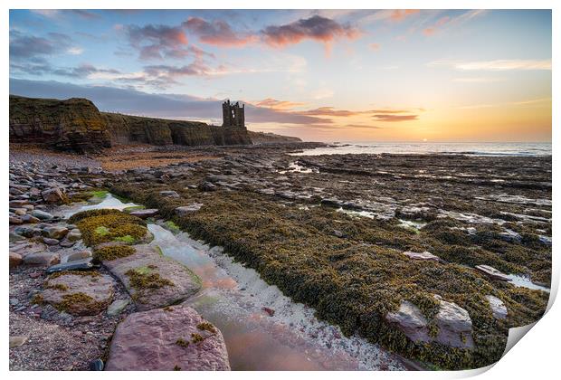 Sunrise at Keiss Castle in Caithness Print by Helen Hotson