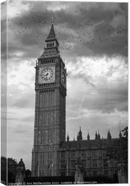A monochrome of Big Ben in London Canvas Print by Ann Biddlecombe