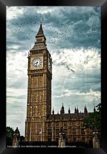 Dramatic Big Ben in London Framed Print by Ann Biddlecombe