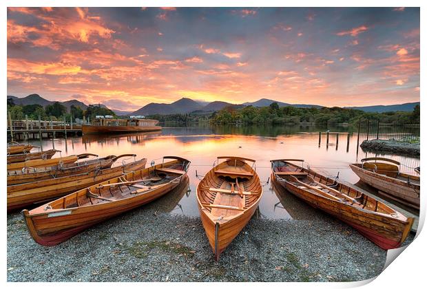 Boats at Derwentwater Print by Helen Hotson
