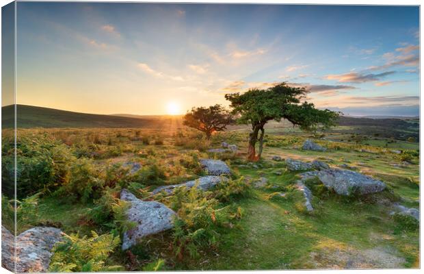 Sunset at Combestone on Dartmoor Canvas Print by Helen Hotson