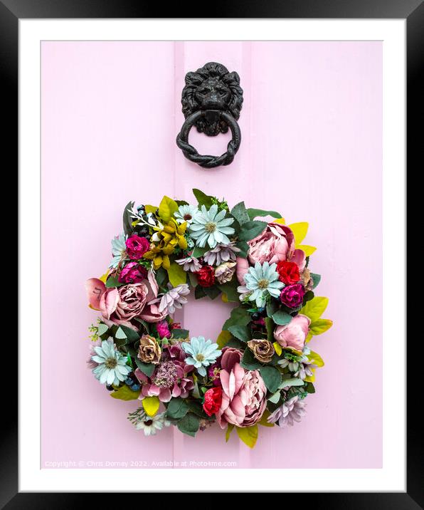 Wreath on a Pink Door Framed Mounted Print by Chris Dorney