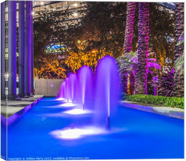 Blue Fountain Night Purple Trees Downtown Miami Florida Canvas Print by William Perry