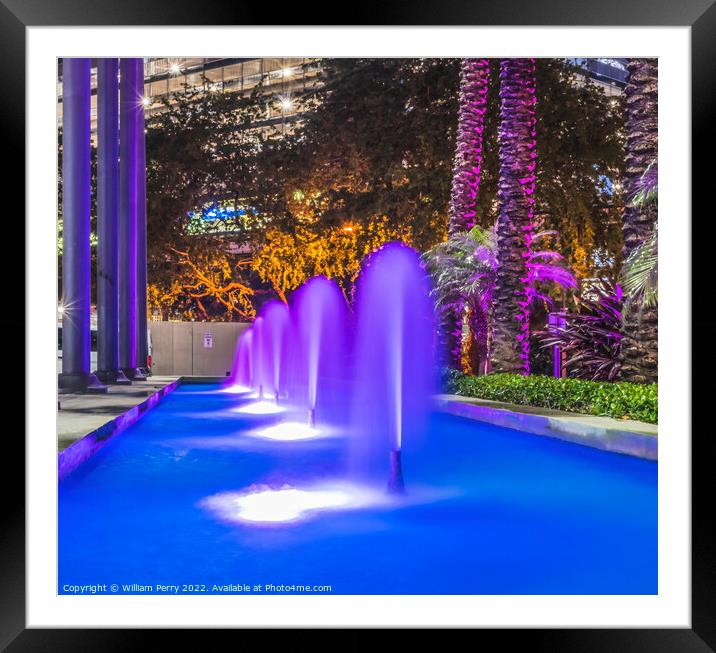 Blue Fountain Night Purple Trees Downtown Miami Florida Framed Mounted Print by William Perry