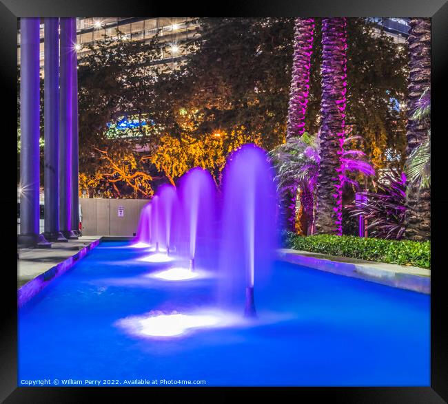 Blue Fountain Night Purple Trees Downtown Miami Florida Framed Print by William Perry