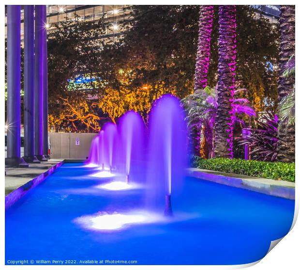Blue Fountain Night Purple Trees Downtown Miami Florida Print by William Perry
