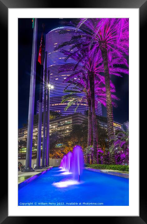 Blue Fountain Night Purple Buildings High Rises Miami Florida Framed Mounted Print by William Perry
