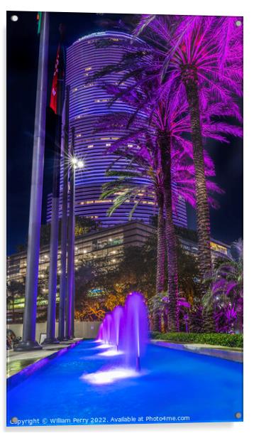 Blue Fountain Night Purple Buildings High Rises Miami Florida Acrylic by William Perry