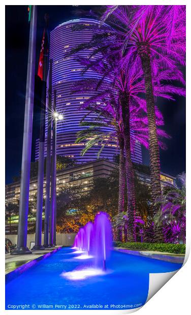 Blue Fountain Night Purple Buildings High Rises Miami Florida Print by William Perry