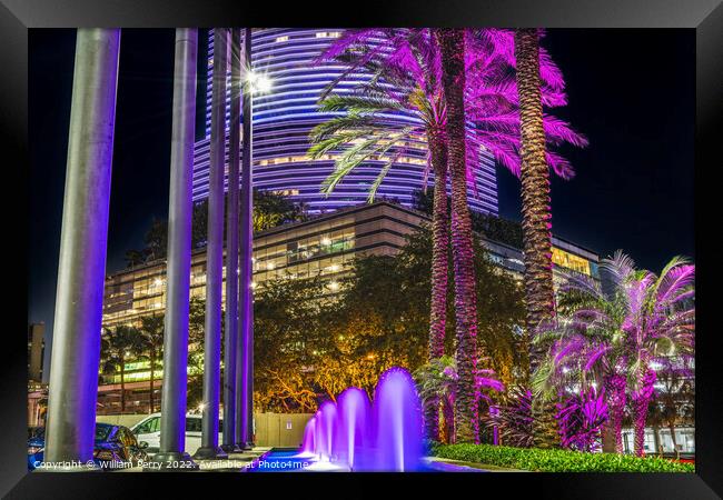 Blue Fountain Night Purple Buildings High Rises  Downtown Miami  Framed Print by William Perry