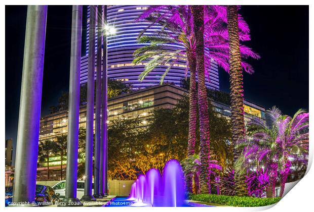 Blue Fountain Night Purple Buildings High Rises  Downtown Miami  Print by William Perry