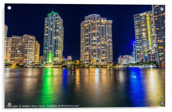 Miami River Night Water Reflections Apartment Buildings Downtown Acrylic by William Perry