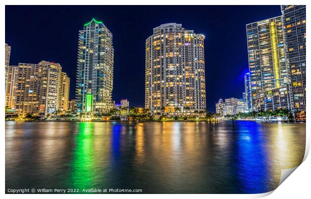 Miami River Night Water Reflections Apartment Buildings Downtown Print by William Perry