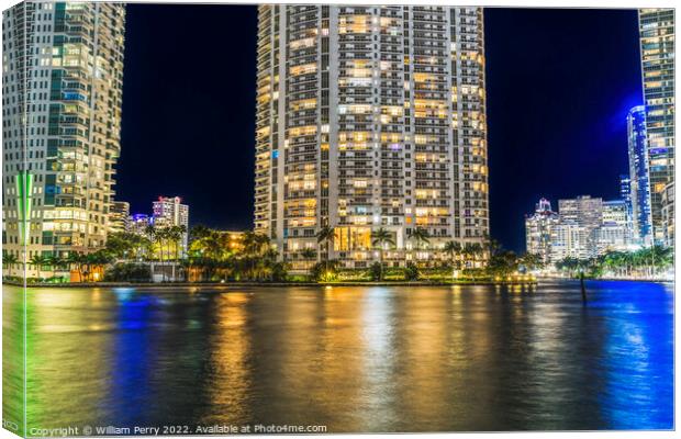 Miami River Night Water Reflections Apartment Buildings Downtown Canvas Print by William Perry