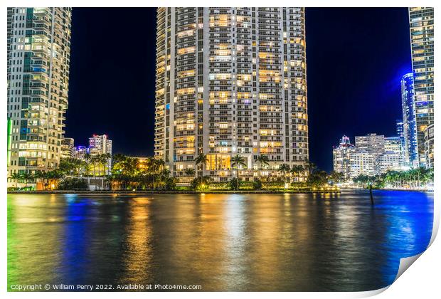 Miami River Night Water Reflections Apartment Buildings Downtown Print by William Perry