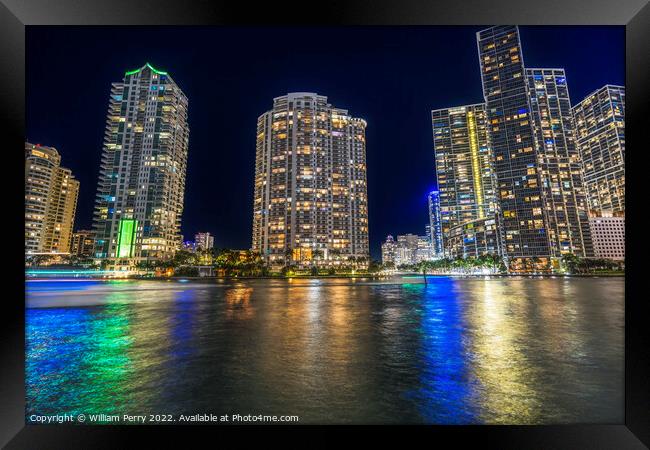 Miami River Night Water Reflections Apartment Buildings Downtown Framed Print by William Perry