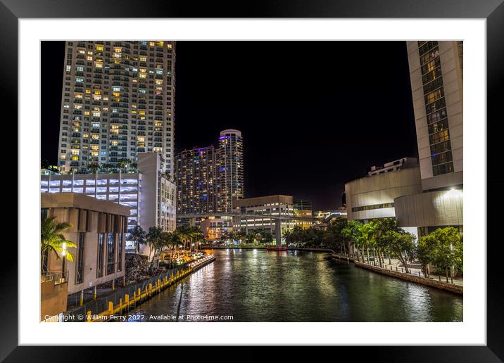 Miami River Night Water Reflections Apartment Buildings Downtown Framed Mounted Print by William Perry