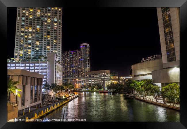 Miami River Night Water Reflections Apartment Buildings Downtown Framed Print by William Perry