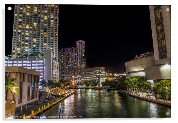 Miami River Night Water Reflections Apartment Buildings Downtown Acrylic by William Perry