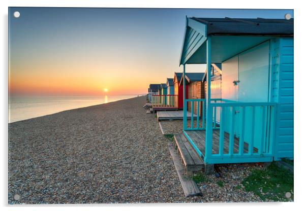 Stunning sunset over seaside beach huts  Acrylic by Helen Hotson