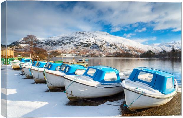 Boats on Ulswater in the Snow Canvas Print by Helen Hotson