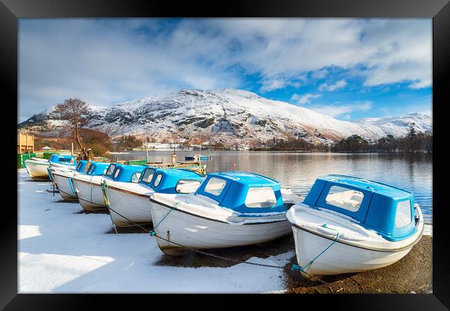 Boats on Ulswater in the Snow Framed Print by Helen Hotson
