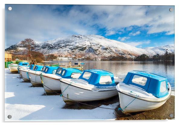 Boats on Ulswater in the Snow Acrylic by Helen Hotson