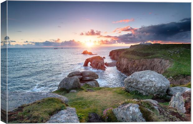 Sunset at Land's End in Cornwall Canvas Print by Helen Hotson