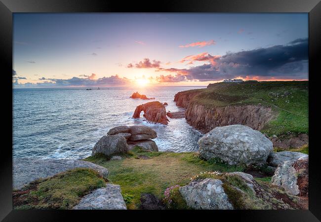 Sunset at Land's End in Cornwall Framed Print by Helen Hotson