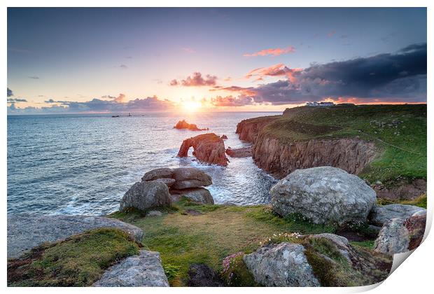Sunset at Land's End in Cornwall Print by Helen Hotson