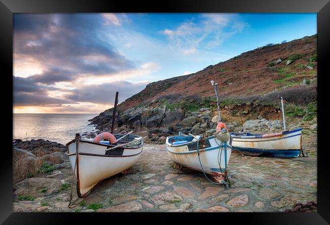 Dawn at Penberth Cove in Cornwall Framed Print by Helen Hotson
