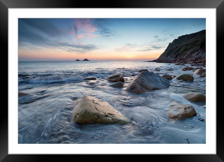 Sunset over Porth Nanven in Cornwall Framed Mounted Print by Helen Hotson